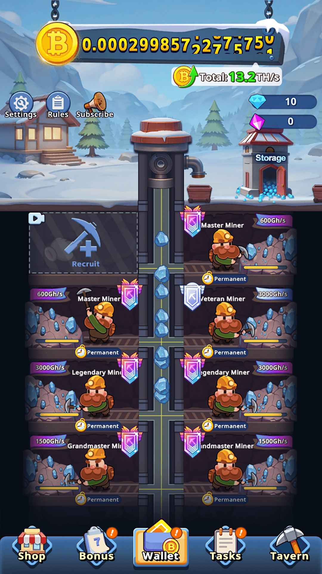 Main mining camp with miners, wallet, tasks, and tavern menu.