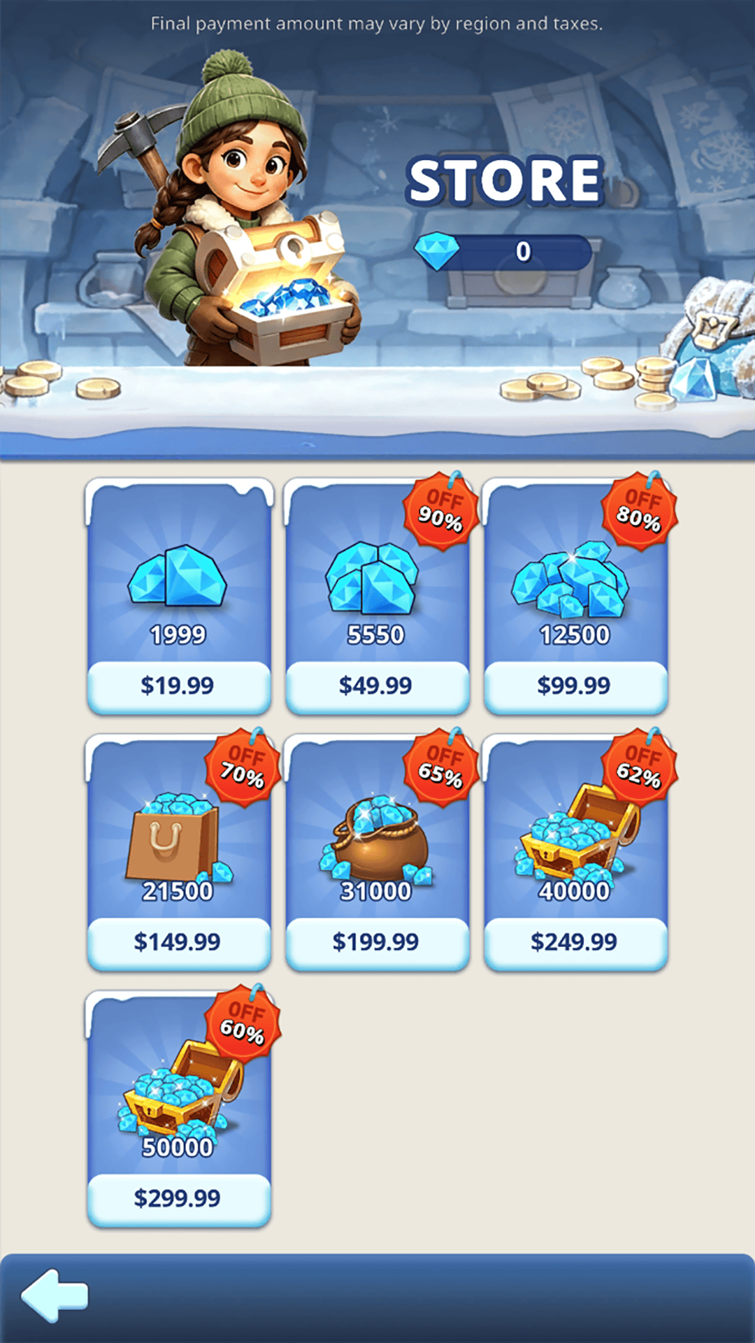 Store screen with blue treasure bundles.